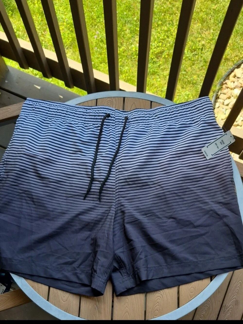 George Men's XL Black Grey Striped Swim Trunks with Drawstring - New